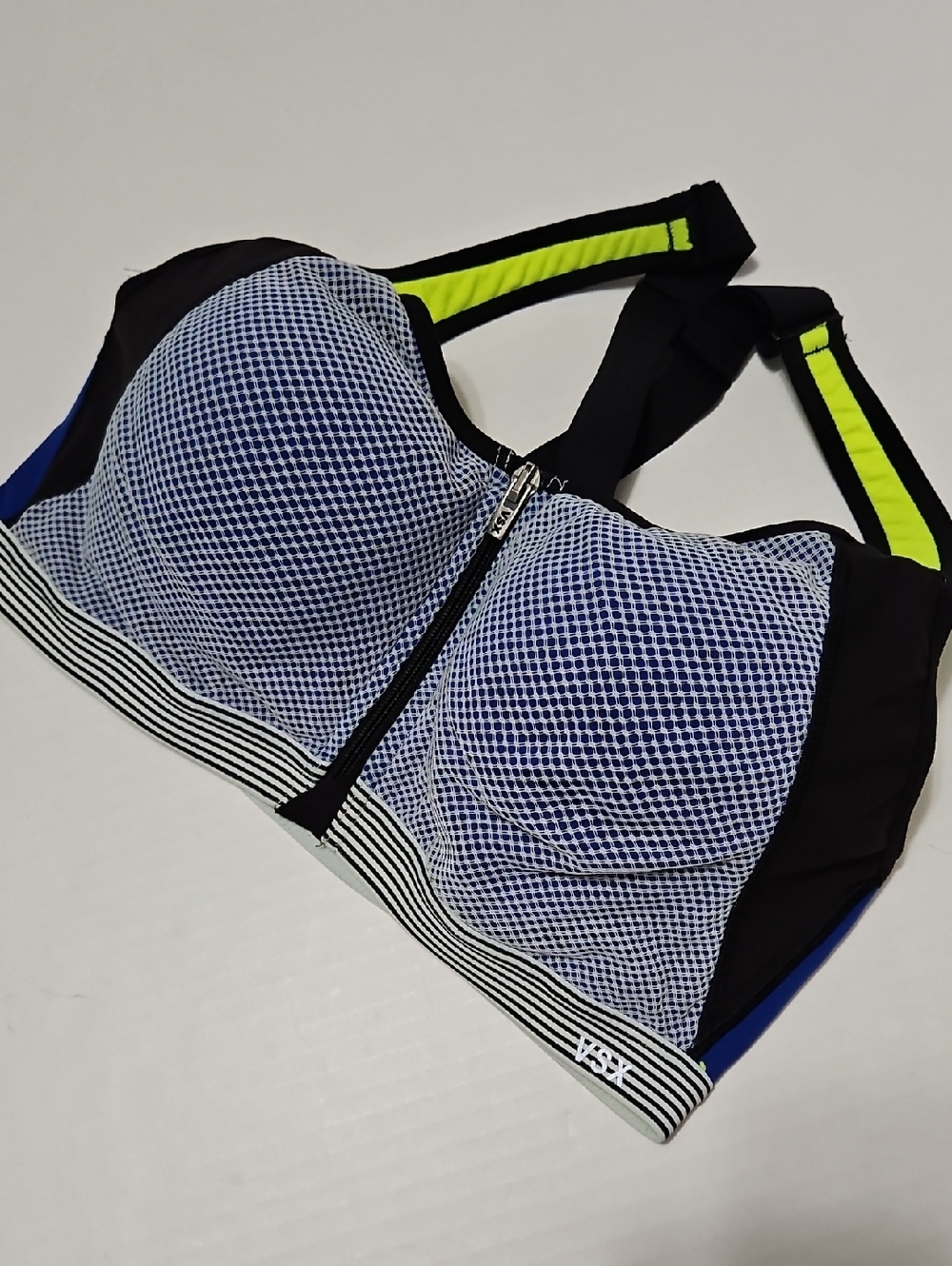 Victoria's Secret Blue Mesh SportsTop Front Closure w/ Neon Yellow Trim Size 36C